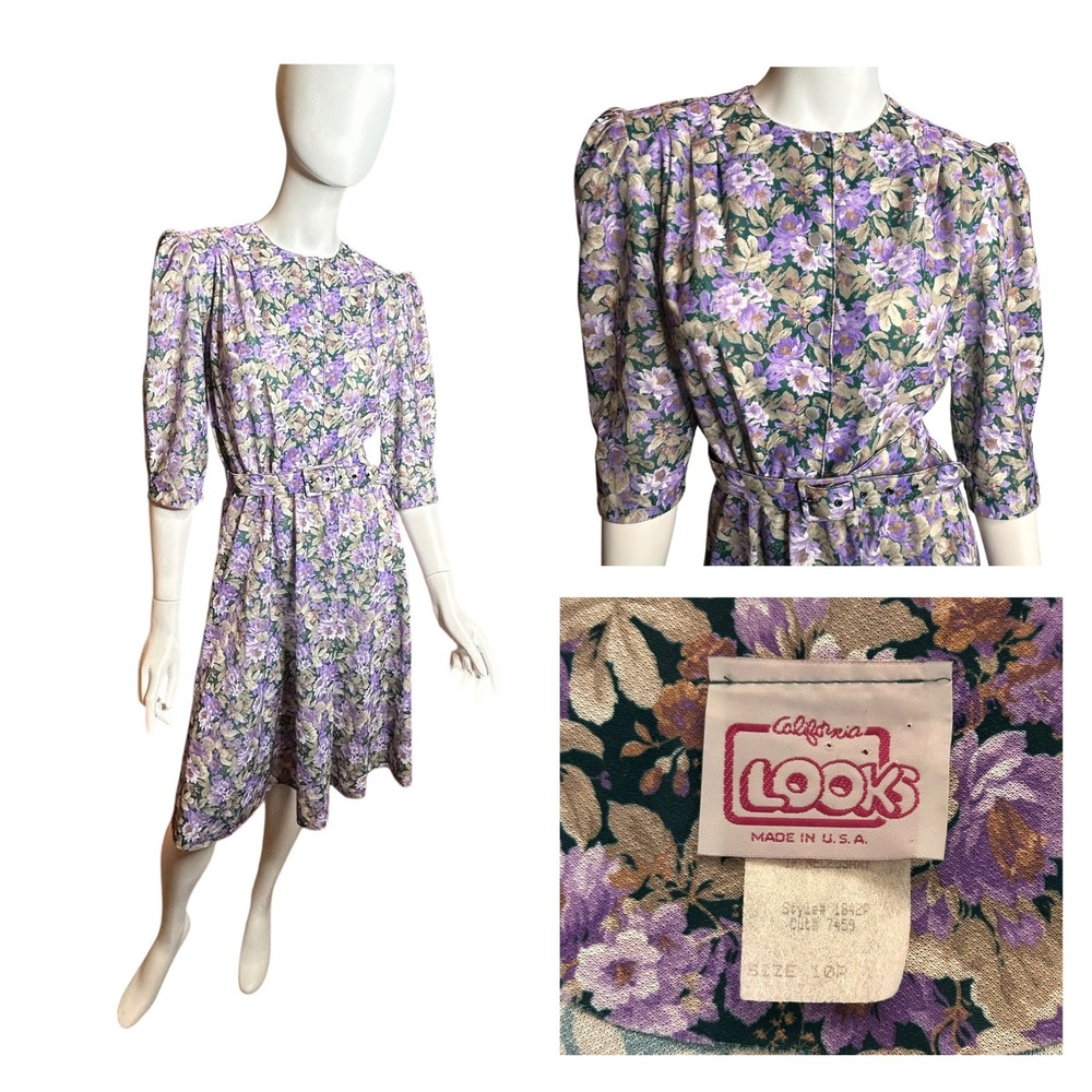 NWT Vintage California Looks Petite 10 Floral Print Dress Purple Deadstock